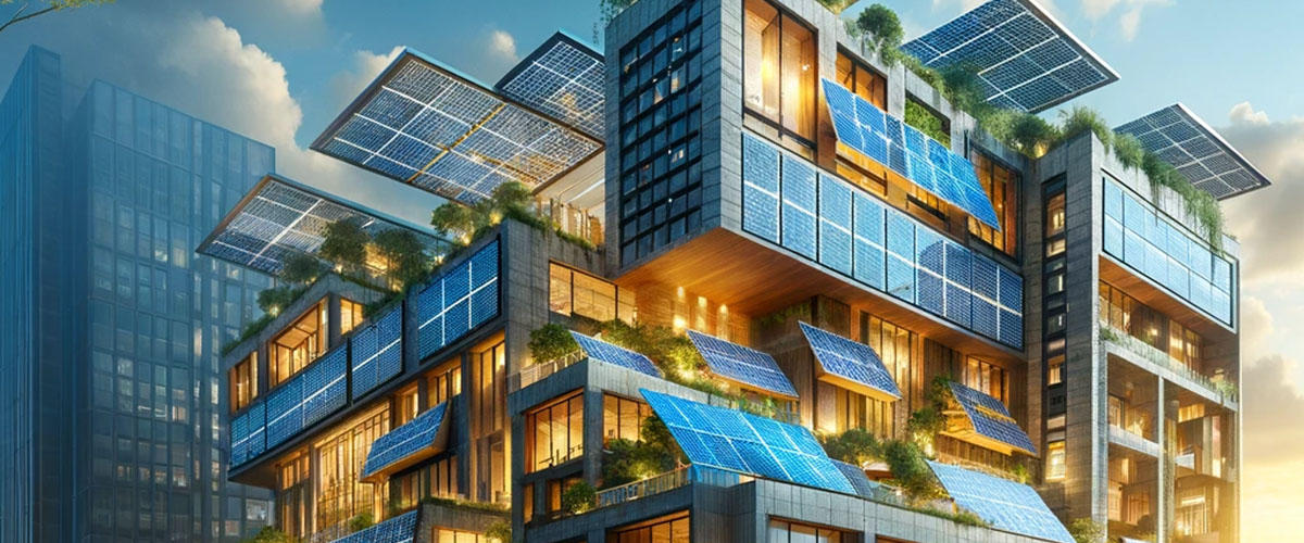 Dibujo de un bloque de oficinas con paneles solares por todos los  sitios